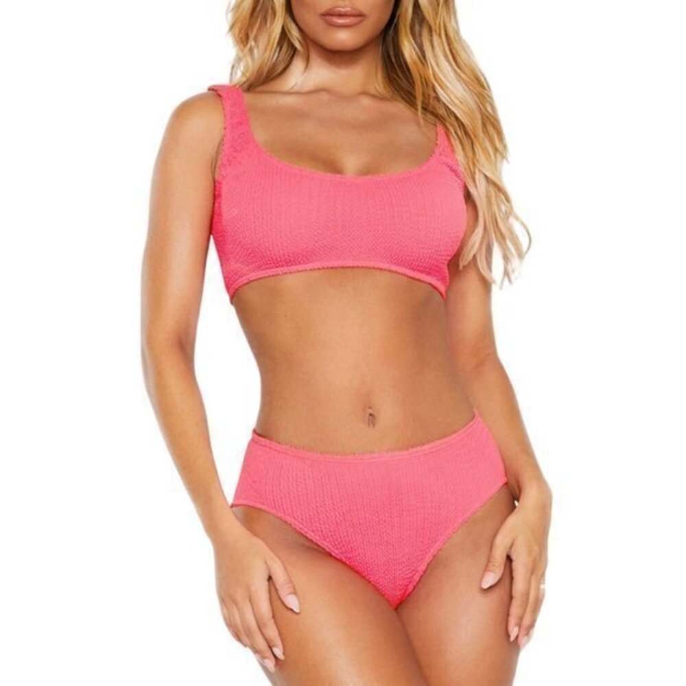 Women's Hot Pink Two Piece Ribbed Bikini Swimsuit Size Med NWT #0350